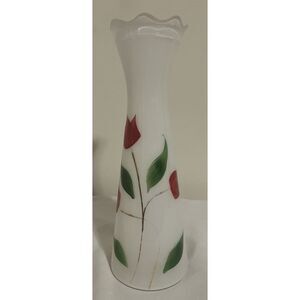 Vintage Mid Century MCM Frosted White Glass Hand Painted Red Tulips Barlett Vase